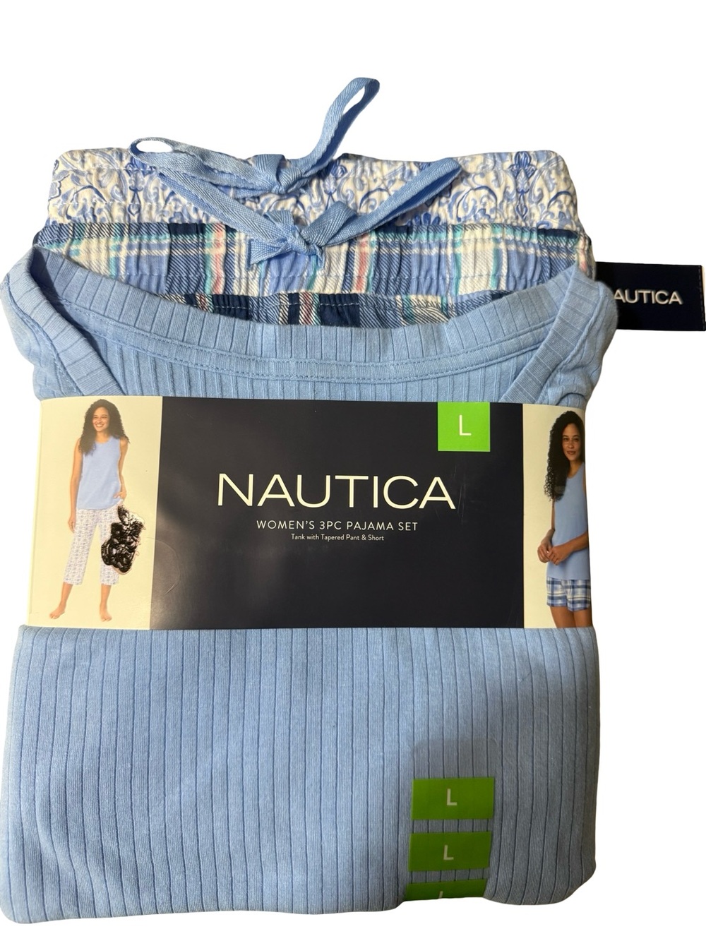 Nautica Women’s 3-Piece Pajama Set - Light Blue, Navy, White